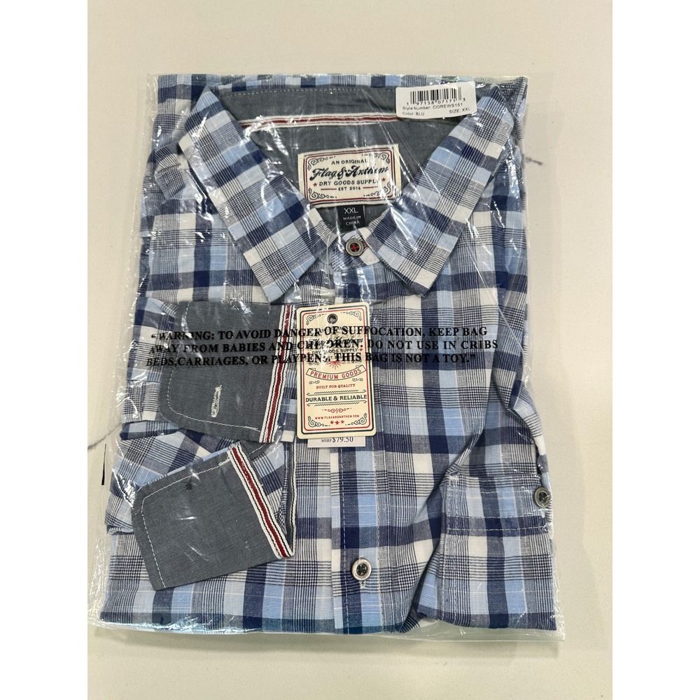 Flag & Anthem Mens Blue Plaid‎ Long Sleeve Button Down Shirt XXL  NWT